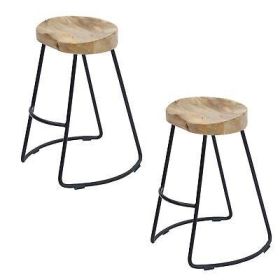 Ela 30 Inch Mango Wood Industrial Barstool, Saddle Seat, Iron Frame, Set of 2,